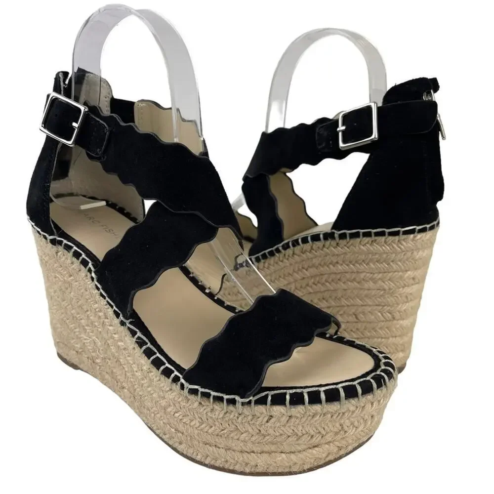 Marc Fisher Calita Black Suede Scalloped Crisscross Platform Espadrille Wedge 7M